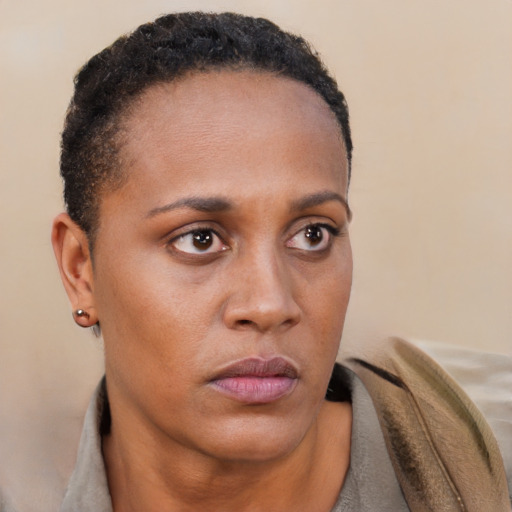 Neutral black young-adult female with short  brown hair and brown eyes