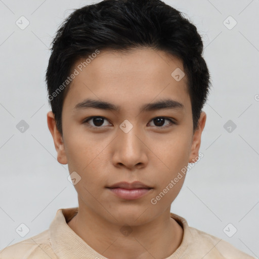 Neutral asian young-adult male with short  black hair and brown eyes