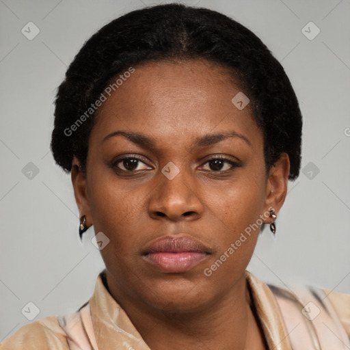 Neutral black young-adult female with short  black hair and brown eyes