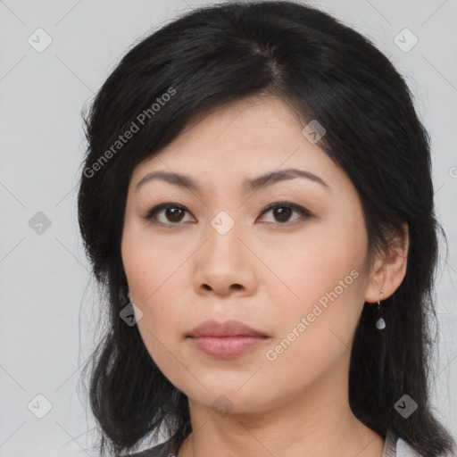 Neutral asian young-adult female with medium  brown hair and brown eyes