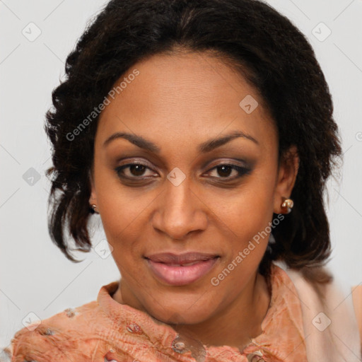 Joyful black young-adult female with medium  brown hair and brown eyes