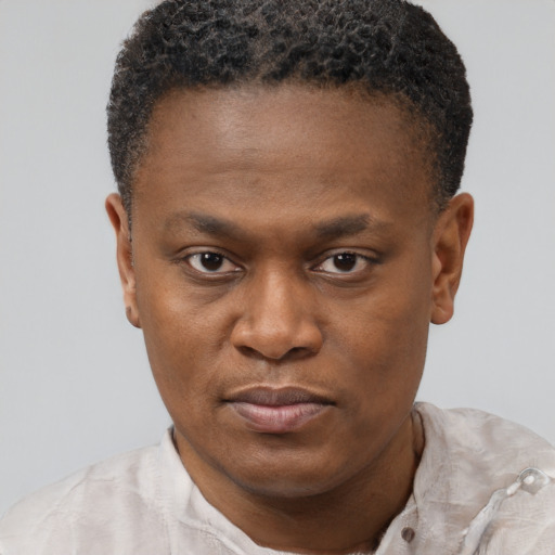 Joyful black young-adult male with short  brown hair and brown eyes