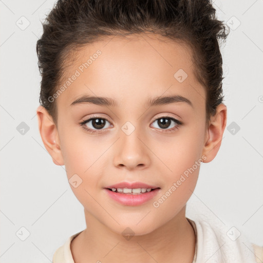 Joyful white child female with short  brown hair and brown eyes