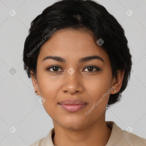 Joyful latino young-adult female with short  black hair and brown eyes