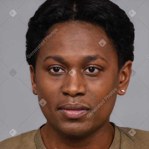 Neutral black young-adult female with short  black hair and brown eyes