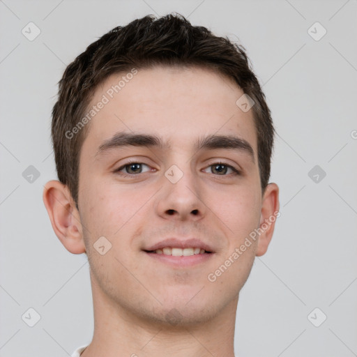 Neutral white young-adult male with short  brown hair and brown eyes