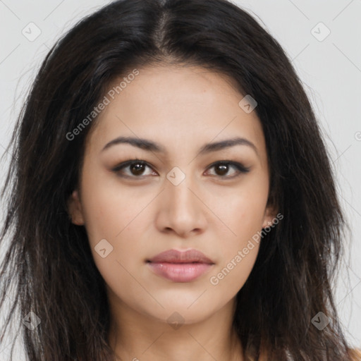 Neutral asian young-adult female with long  brown hair and brown eyes