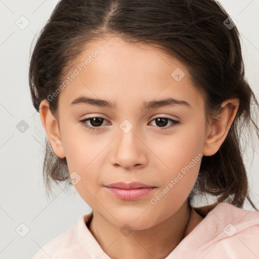 Joyful white child female with medium  brown hair and brown eyes