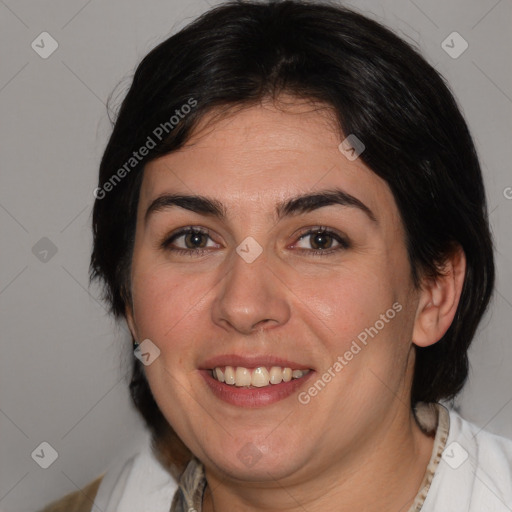 Joyful white adult female with medium  brown hair and brown eyes