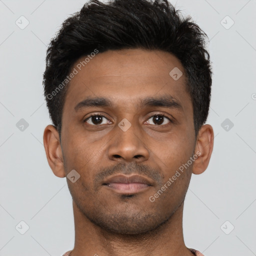 Neutral latino young-adult male with short  black hair and brown eyes