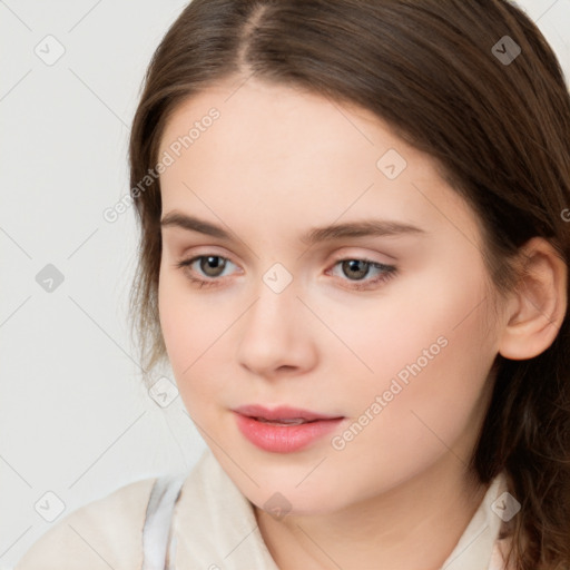 Neutral white young-adult female with medium  brown hair and brown eyes