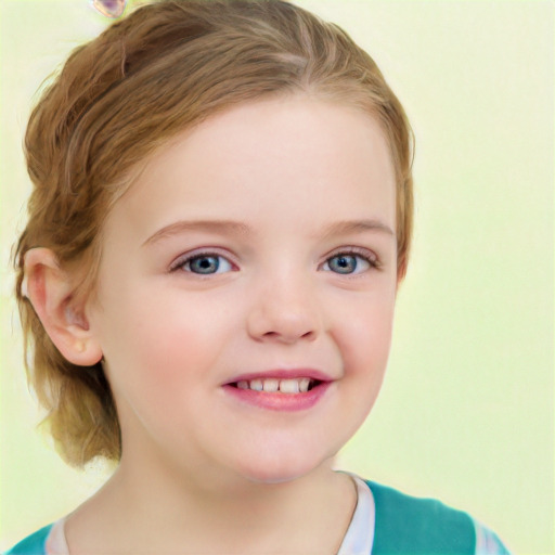 Joyful white child female with medium  brown hair and blue eyes