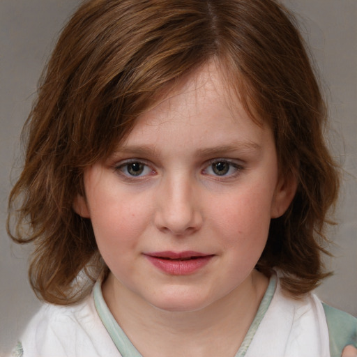 Joyful white child female with medium  brown hair and brown eyes