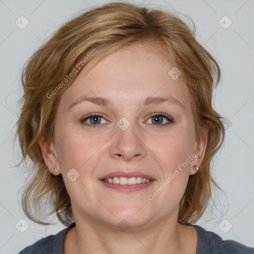 Joyful white young-adult female with medium  brown hair and blue eyes