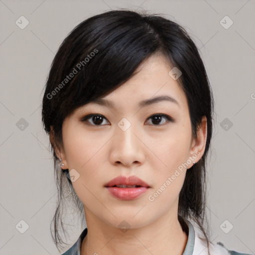 Neutral asian young-adult female with medium  black hair and brown eyes