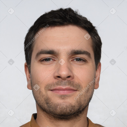 Neutral white young-adult male with short  brown hair and brown eyes