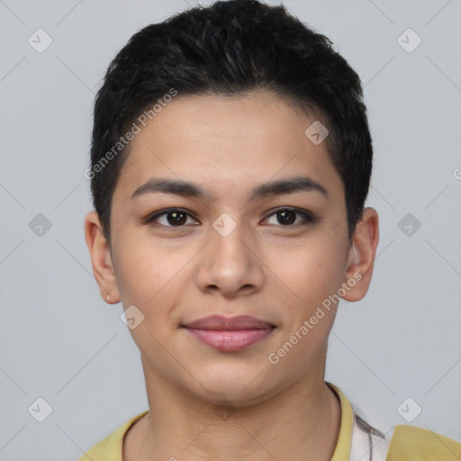 Joyful latino young-adult female with short  black hair and brown eyes