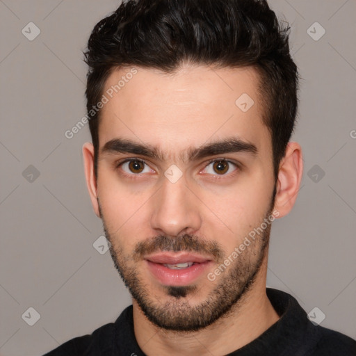 Neutral white young-adult male with short  brown hair and brown eyes