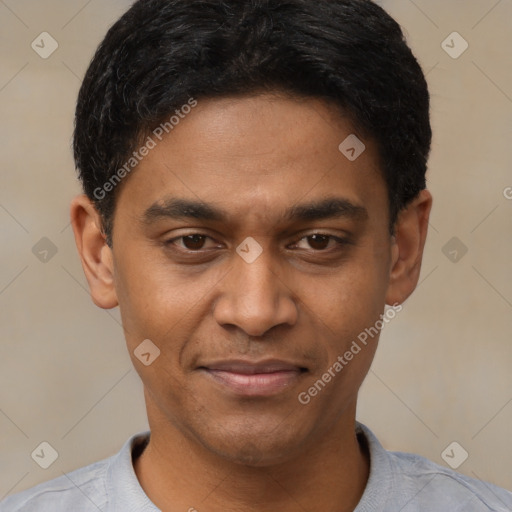 Joyful latino young-adult male with short  black hair and brown eyes