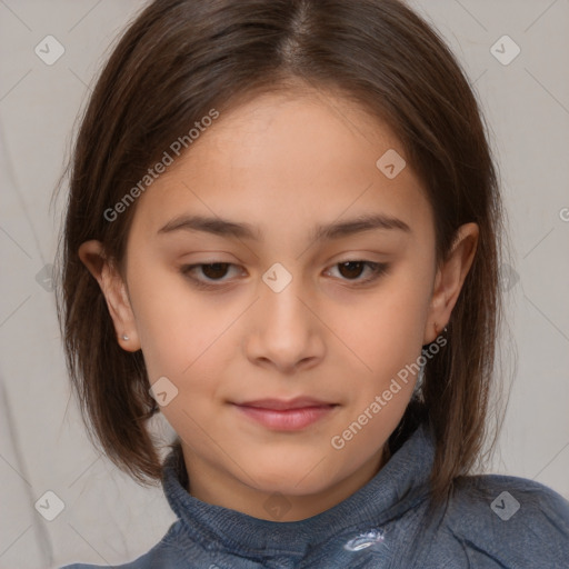 Joyful white child female with medium  brown hair and brown eyes