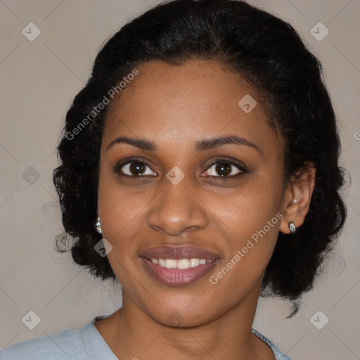 Joyful latino young-adult female with medium  black hair and brown eyes