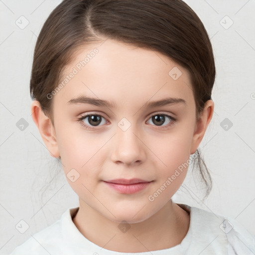 Joyful white child female with medium  brown hair and brown eyes