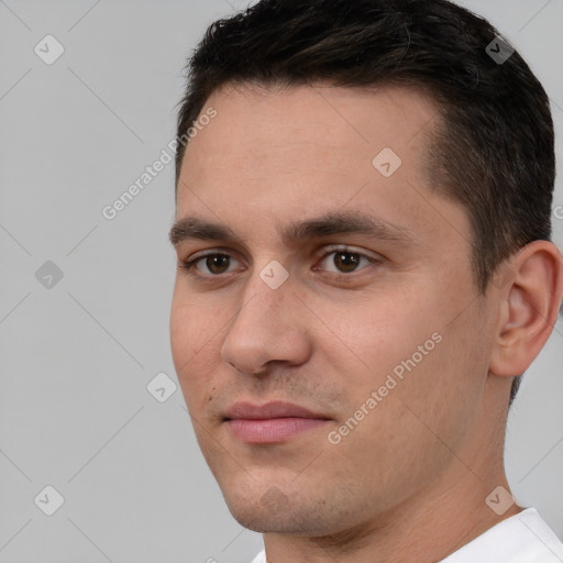 Neutral white young-adult male with short  brown hair and brown eyes