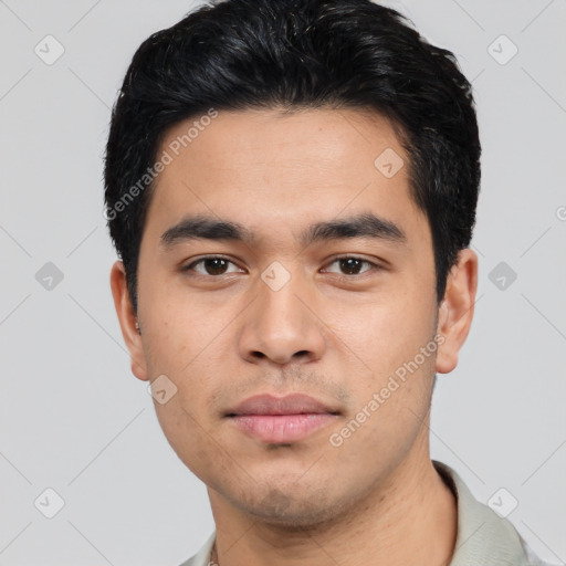 Neutral asian young-adult male with short  black hair and brown eyes