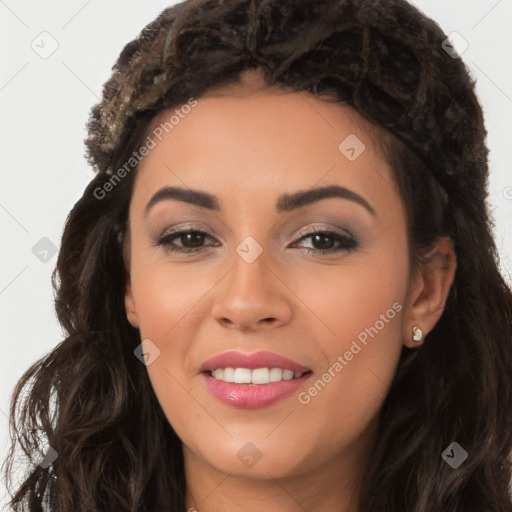 Joyful white young-adult female with long  black hair and brown eyes