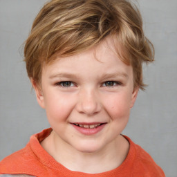 Joyful white child female with short  brown hair and grey eyes