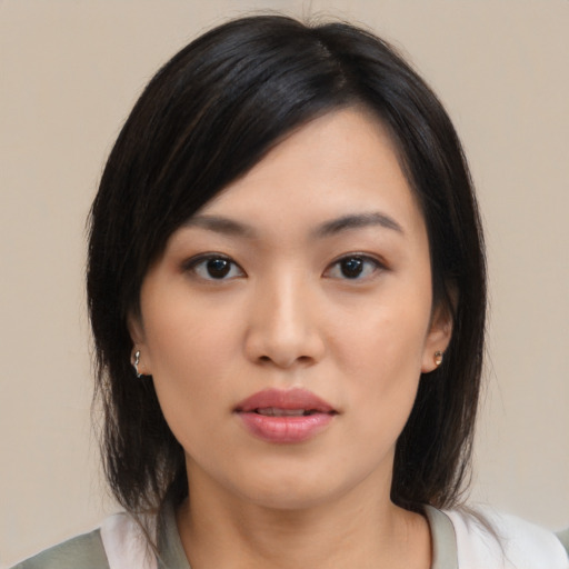 Neutral asian young-adult female with medium  black hair and brown eyes