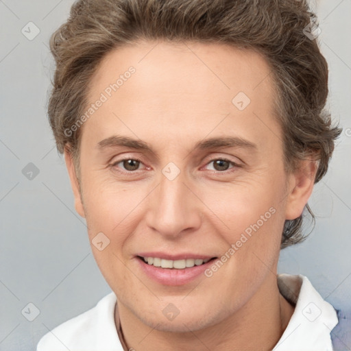 Joyful white adult female with short  brown hair and brown eyes