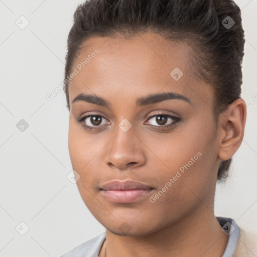 Neutral white young-adult female with short  brown hair and brown eyes