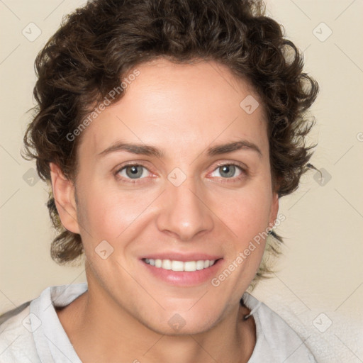 Joyful white young-adult female with medium  brown hair and green eyes