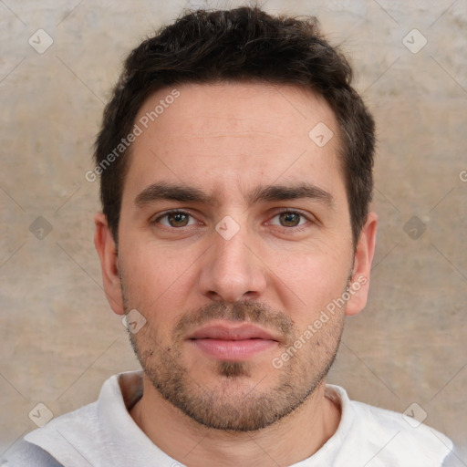 Neutral white young-adult male with short  brown hair and brown eyes