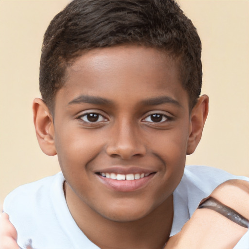 Joyful black child male with short  brown hair and brown eyes