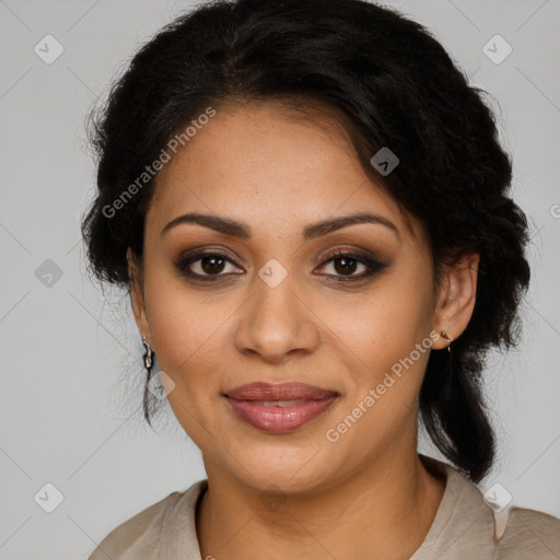 Joyful latino young-adult female with long  brown hair and brown eyes