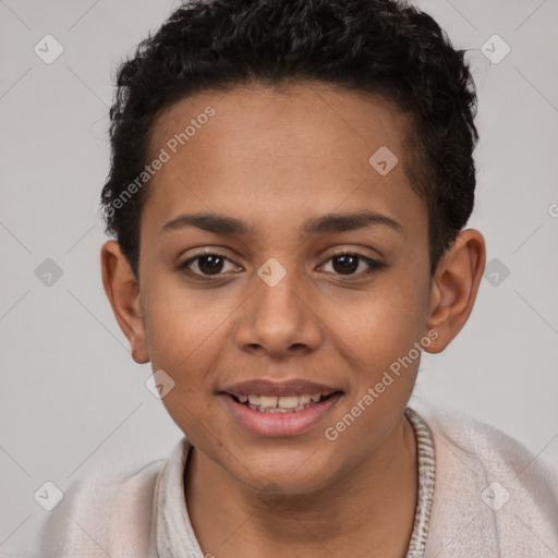 Joyful latino young-adult female with short  brown hair and brown eyes