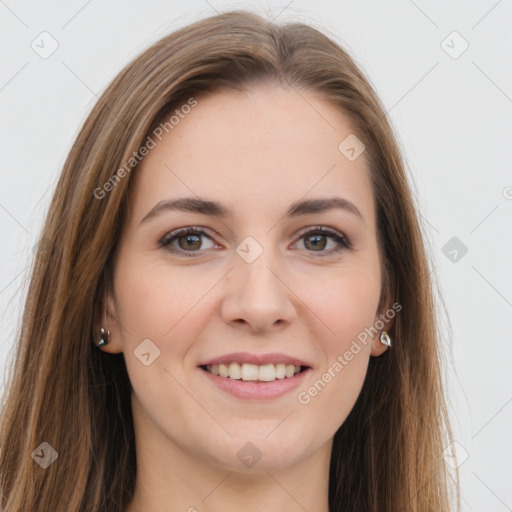 Joyful white young-adult female with long  brown hair and grey eyes