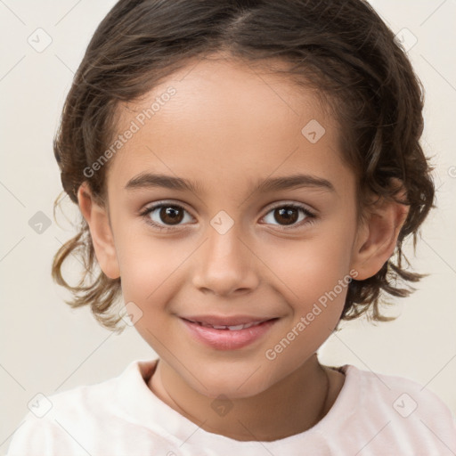 Joyful white child female with medium  brown hair and brown eyes