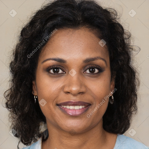 Joyful black young-adult female with medium  brown hair and brown eyes