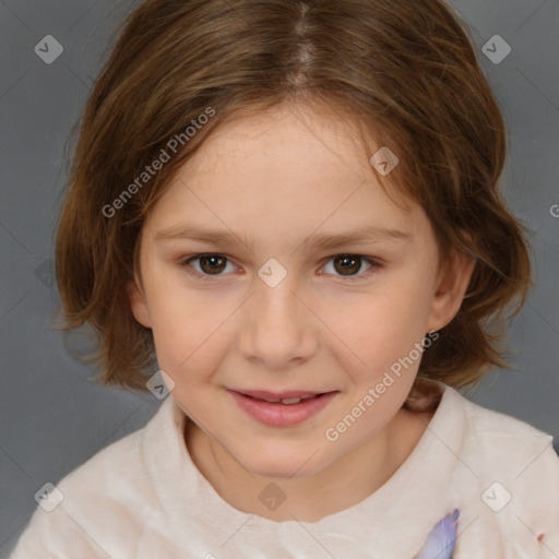 Joyful white child female with medium  brown hair and brown eyes