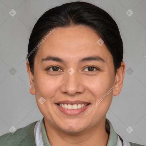 Joyful white young-adult female with short  brown hair and brown eyes