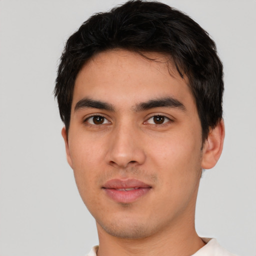 Neutral white young-adult male with short  black hair and brown eyes