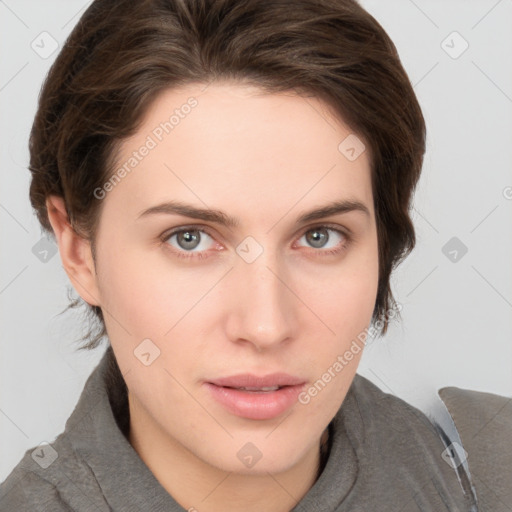 Neutral white young-adult female with short  brown hair and brown eyes