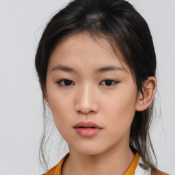 Neutral asian young-adult female with medium  brown hair and brown eyes