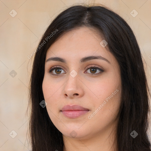 Neutral white young-adult female with long  brown hair and brown eyes