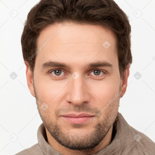 Neutral white young-adult male with short  brown hair and grey eyes