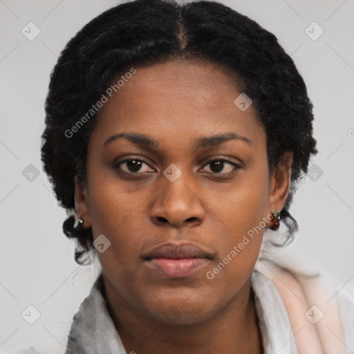 Neutral black young-adult female with short  black hair and brown eyes