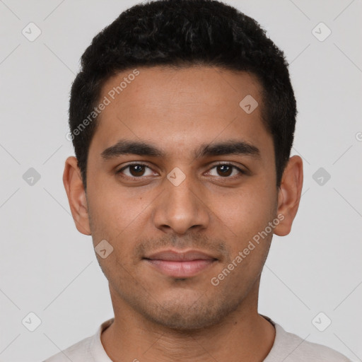 Neutral latino young-adult male with short  black hair and brown eyes